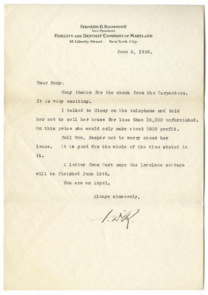 Franklin D. Roosevelt Letter Signed From 1928, Writing to His Physical Therapist Helena Mahoney -- ...You are an Angel...